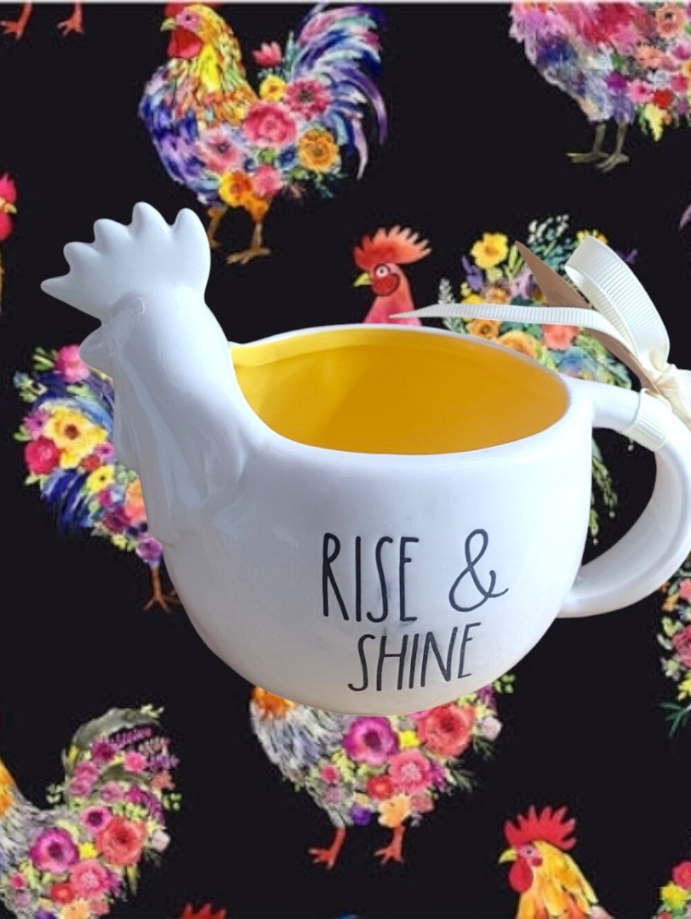 Rae Dunn White Ceramic Rooster Mug with Yellow Interior